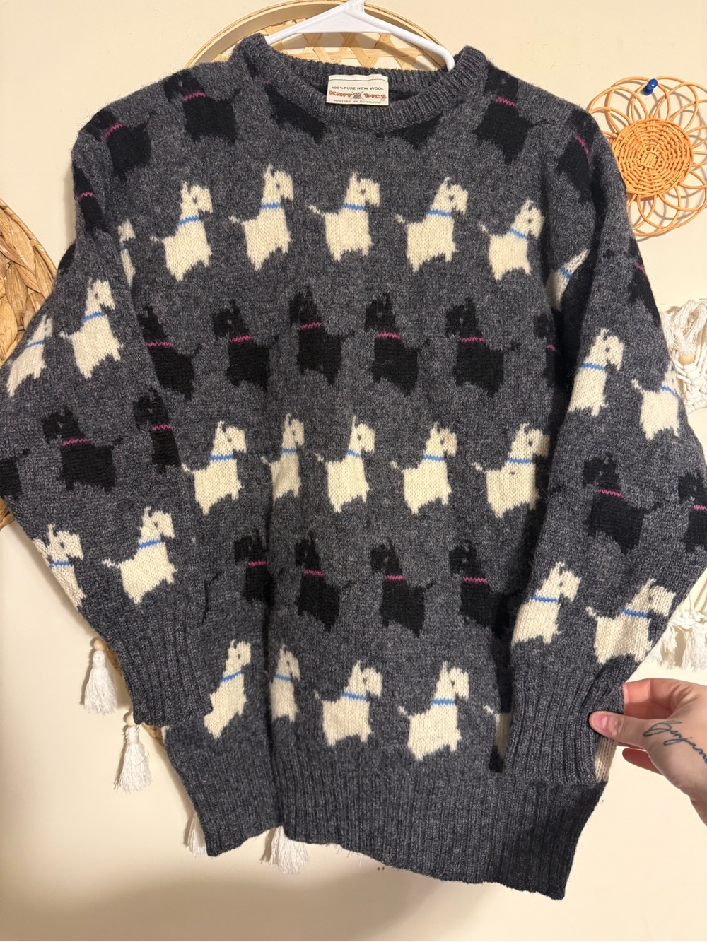 Women's Charcoal Dog Pattern Crewneck Sweater - Casual Cozy